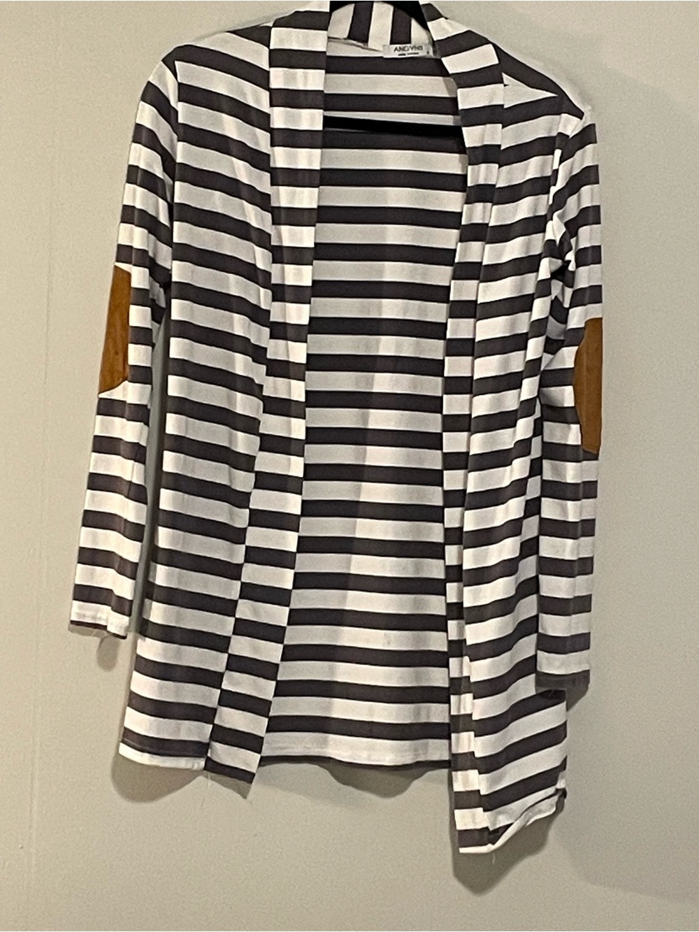 Striped Open-Front Women's Cardigan with Elbow Patches - White & Black.